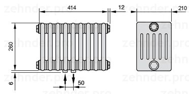Схема (чертеж) Радиатор Zehnder Charleston 6026/9 №3470 Белый глянцевый RAL 9016